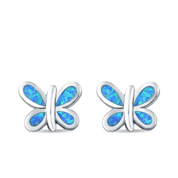 Butterfly Stud Earrings Lab Created Blue Opal 925 Sterling Silver (8mm)